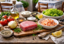 Könnyű, fehérjedús görög halsaláta tonhallal és koktélrákkal, citromos-tejfölös mártással