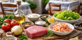 Könnyű, fehérjedús görög halsaláta tonhallal és koktélrákkal, citromos-tejfölös mártással