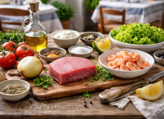 Könnyű, fehérjedús görög halsaláta tonhallal és koktélrákkal, citromos-tejfölös mártással