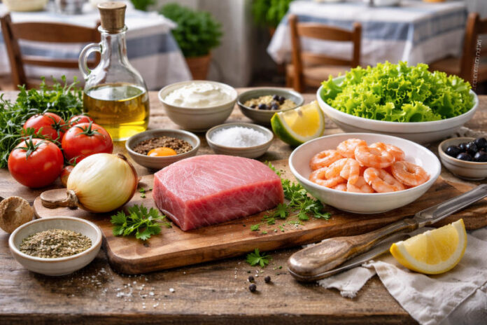 Könnyű, fehérjedús görög halsaláta tonhallal és koktélrákkal, citromos-tejfölös mártással Könnyű, fehérjedús görög halsaláta tonhallal és koktélrákkal, citromos-tejfölös mártással